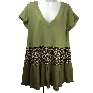 Umgee Womens Small Linen Blend Ruffle Raw Hem Tunic Top Dress Green Cheetah Boho